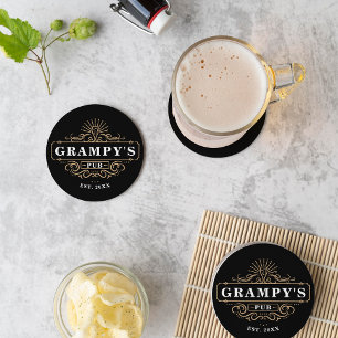 Custom Grampy's Pub Home Bar Year Established Round Paper Coaster