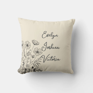 Custom Grandchildren Names Minimal Floral line art Throw Pillow