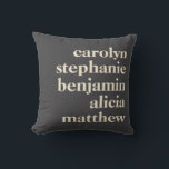 Custom Grandchildren Names Stylish Black Grey Throw Pillow<br><div class="desc">Make your space more personal with this custom name pillow, designed with a bold typographic layout on a modern dark background. Perfect for showcasing family names, a friend group, or meaningful words, this stylish throw pillow adds a cozy and sentimental touch to any home. Customize with your own text to...</div>