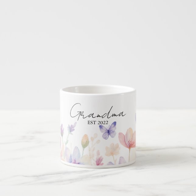 Custom Grandma Est. Year -  Flower and Butterfly  Espresso Cup (Front)
