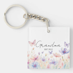 Custom Grandma Est. Year -  Flower and Butterfly  Keychain