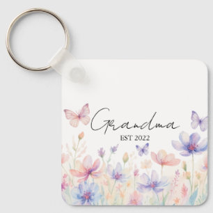Custom Grandma Est. Year -  Flower and Butterfly  Keychain