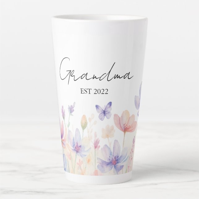 Custom Grandma Est. Year -  Flower and Butterfly  Latte Mug (Front)