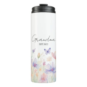 Custom Grandma Est. Year -  Flower and Butterfly  Thermal Tumbler