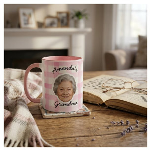 Custom Grandma Face Photo Pink Gingham Pattern Mug