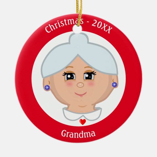 Custom Grandma Image on Red and White Ceramic Ornament (Front)