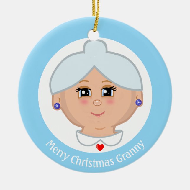 Custom Grandma Photo on Light Blue & White Ceramic Ornament (Front)