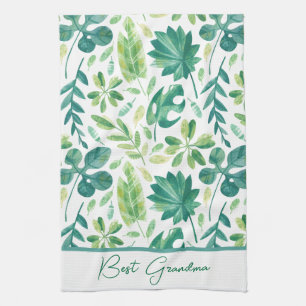 Custom Grandma Tropical Monstera Leaf Green Teal Kitchen Towel