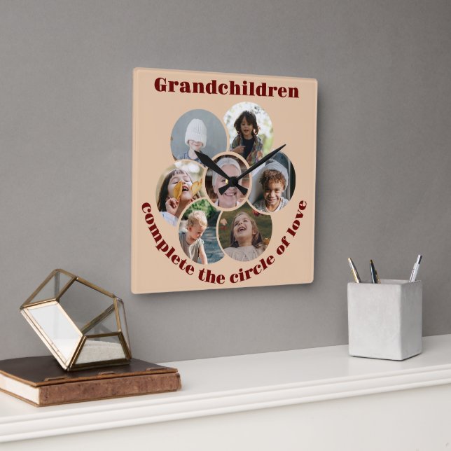 Custom Grandmother/children 7 Circle Photo Collage Square Wall Clock (Office)