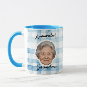 Custom Grandpa Face Photo Blue Gingham Pattern Mug