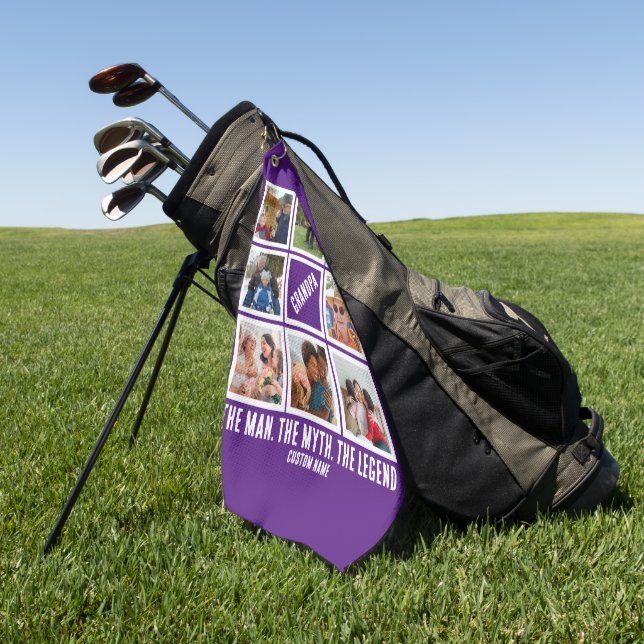 Custom Grandpa the man myth legend 8 Photo Collage Golf Towel (Green)