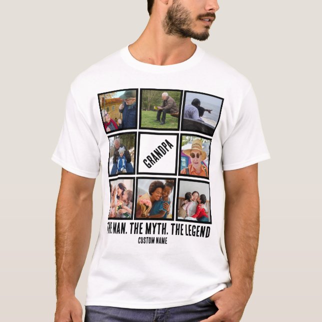 Custom Grandpa the man myth legend 8 Photo Collage T-Shirt (Front)