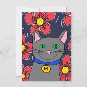 custom gray cat with flowers personalize initial card