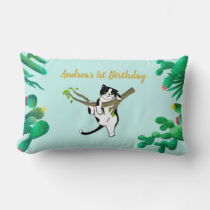 Custom Green 1st Birthday Cat Greenery Kids Lumbar Pillow