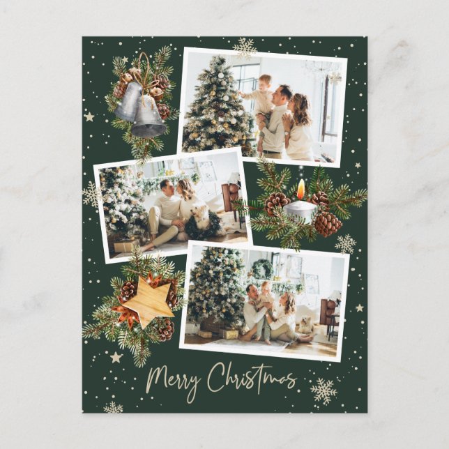 Custom Green 3 Photo Collage Merry Christmas Postcard (Front)