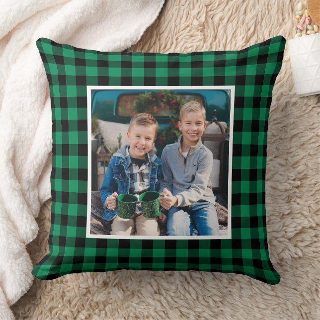 Custom Green and Black Buffalo Plaid Holiday Photo Throw Pillow (Blanket)
