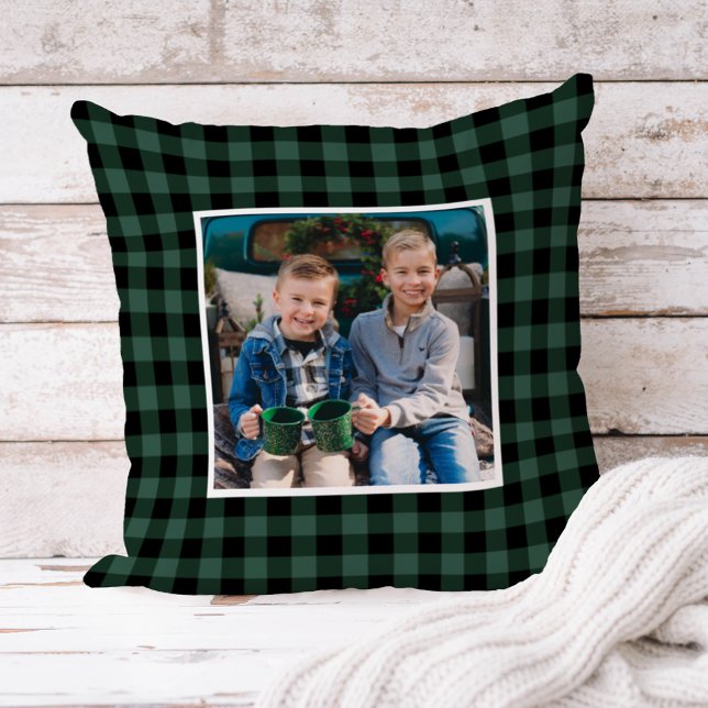 Custom Green and Black Buffalo Plaid Holiday Photo Throw Pillow (Creator Uploaded)