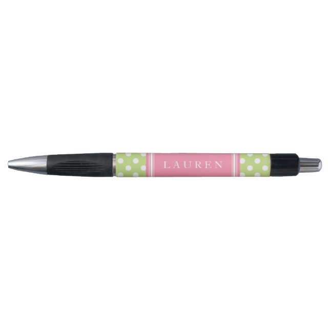 Custom Green and Pink Polka Dots Pattern Pen (Front)