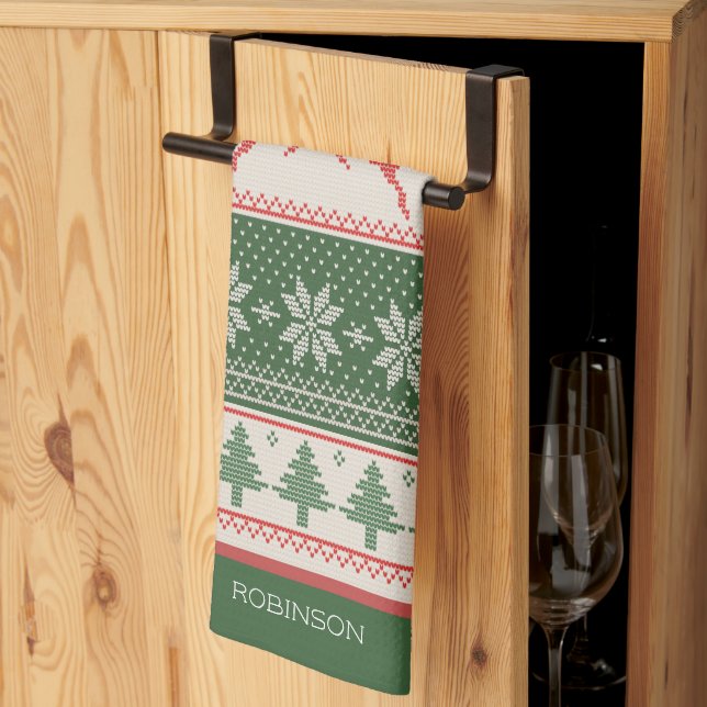 Custom Green and Red Nordic Christmas Pattern Kitchen Towel (Thirds Fold)