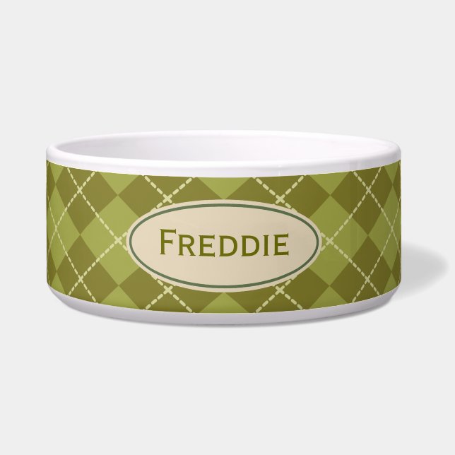 Custom Green Argyle Pet Bowl (Front)