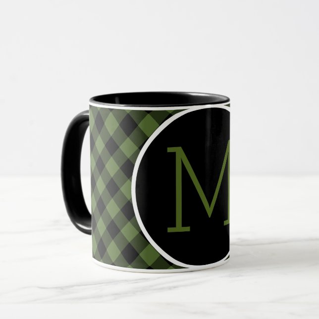 Custom Green Black Buffalo Check Plaid Pattern Mug (Front Left)