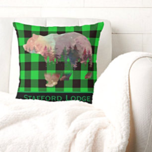 Custom Green Buffalo Plaid Bear Wilderness Throw Pillow