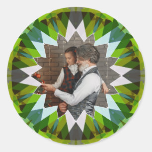 Custom Green Christmas Star Family Photo Gift Card Classic Round Sticker