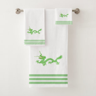 Custom Green Dragon & Three Stripes on White Bath Towel Set