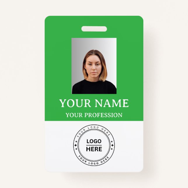 Custom Green Employee Badge with Photo, Logo, QR (Front)