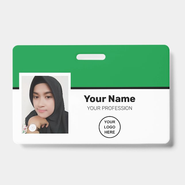 Custom Green Employee Photo-Bar Code-Logo-Name Badge (Front)