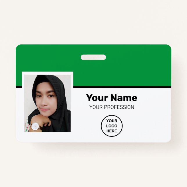 Custom Green Employee Photo-Bar Code-Logo-Name Badge (Front)