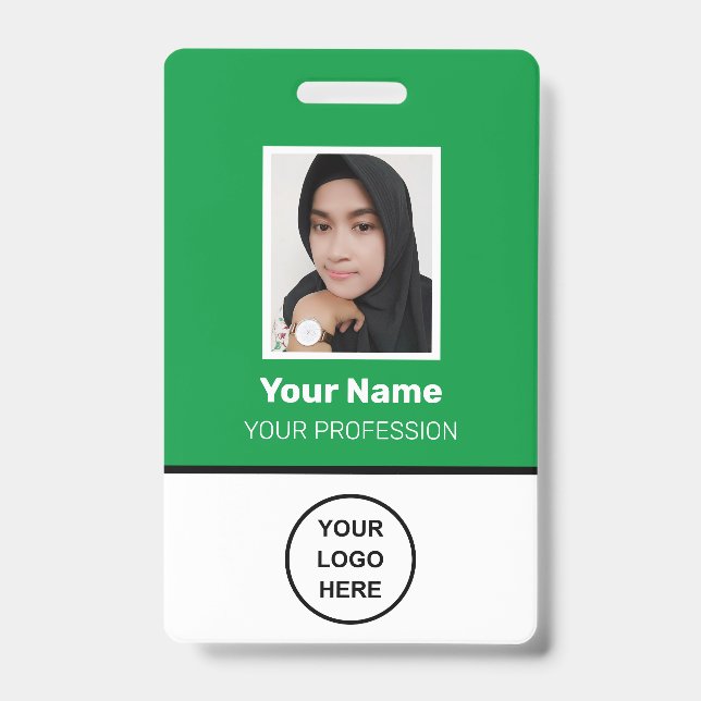Custom Green Employee Photo, Bar Code, Logo, Name Badge (Front)