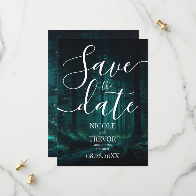 Custom Green Enchanted Forest Wedding Save The Date (Front/Back In Situ)