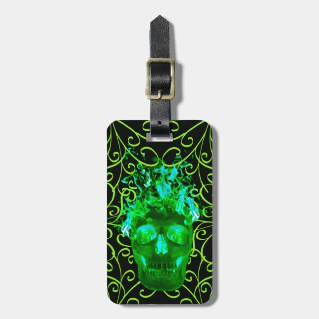 Custom Green Flame Skull Luggage Tag (Front Vertical)