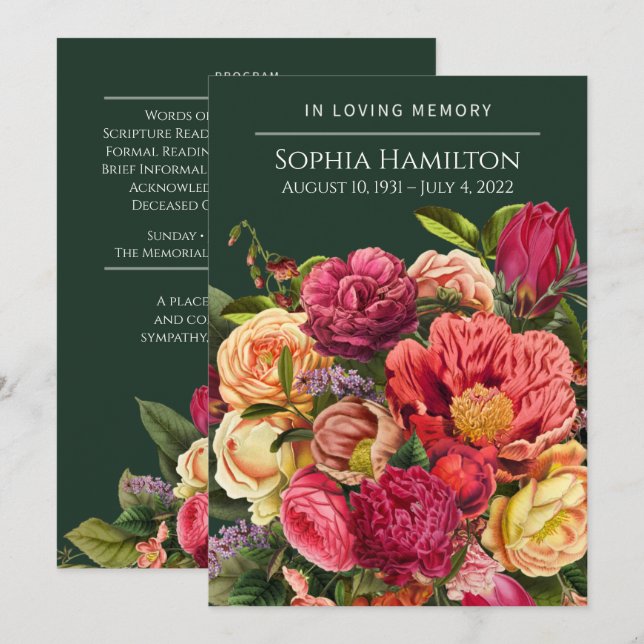 Custom Green Floral Funeral Memorial Program (Front/Back)
