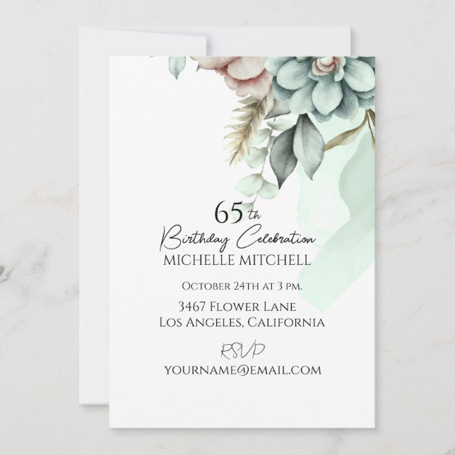 Custom Green Floral Vintage 65th Birthday Invitation (Front)