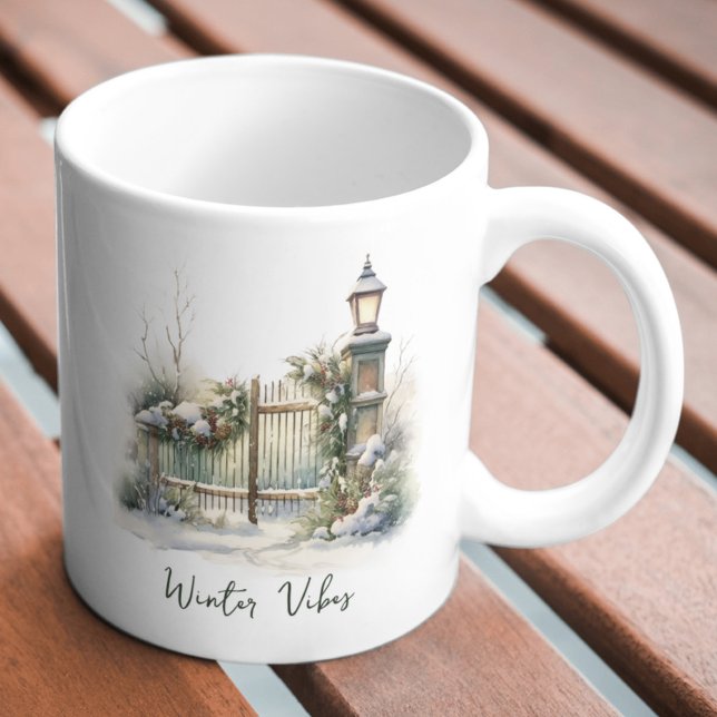 Custom Green Foliage Snowy Fence Winter Christmas Coffee Mug (Creator Uploaded)