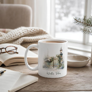 Custom Green Foliage Snowy Fence Winter Christmas Coffee Mug