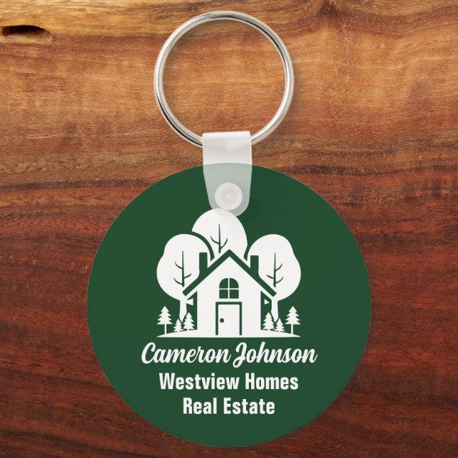 Custom Green Forest House Real Estate Company Keychain (Front)