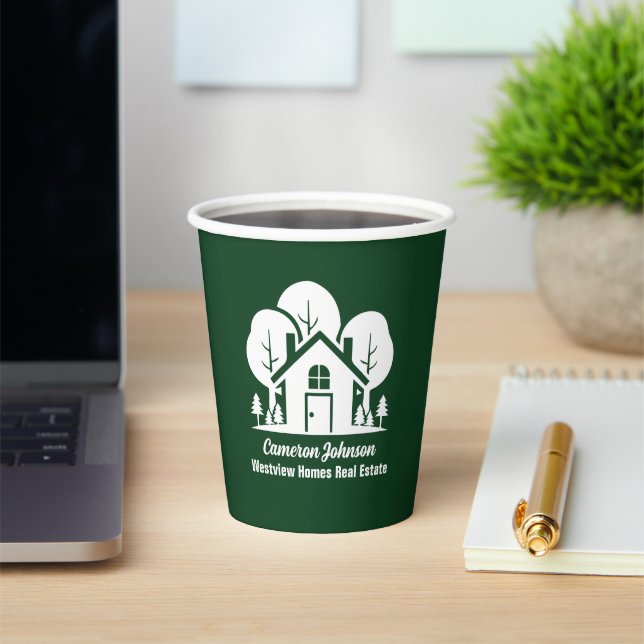 Custom Green Forest House Real Estate Company Paper Cups (Insitu)