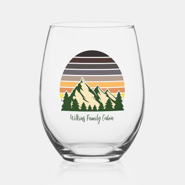 Custom Green Forest Mountain Cabin Stemless Wine Glass (Front)