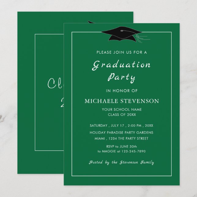 Custom Green Graduation Invitations Choose Colours (Front/Back)