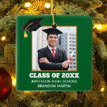 Custom Green Graduation Senior Portrait Photo 2025 Ceramic Ornament<br><div class="desc">This custom green gold senior graduate Christmas ornament features your graduation photograph underneath a black grad cap. Personalize with your class year, school, and name for a great gift for a graduating student.</div>