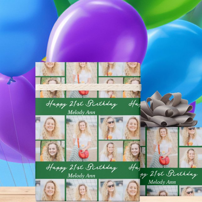 Custom Green Happy Birthday Photo Collage Wrapping Paper (Creator Uploaded)