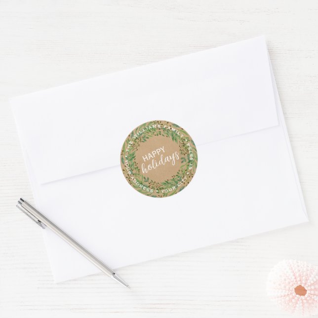 Custom Green Laurel Mistletoe Leaves Wreath Classic Round Sticker (Envelope)