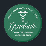 Custom Green Medical School Graduation Party Magnet<br><div class="desc">This custom green medical school graduation party favour features classy white typography under a medical caduceus and your college name for the class of 2024. Customize with your graduating year under the elegant calligraphy for great personalized university graduate magnet gift for a nurse or doctor.</div>