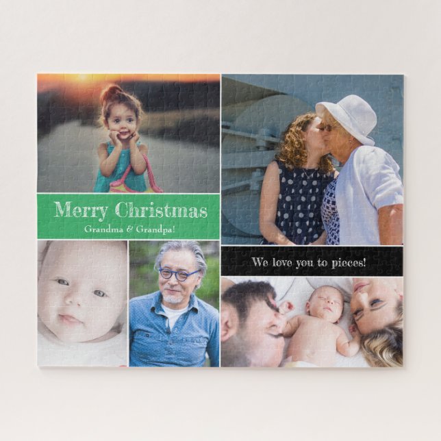 Custom Green Merry Christmas Grandma and Grandpa Jigsaw Puzzle (Horizontal)