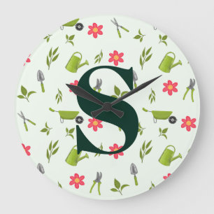 Custom Green Monogram Gardening Large Clock