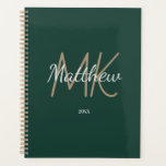 Custom Green Monogram Initial Name Minimalist Planner<br><div class="desc">Personalize and add your name,  monogram initials,  and year. (any year) golden and white letters. The name is written with a hand lettered style script.</div>