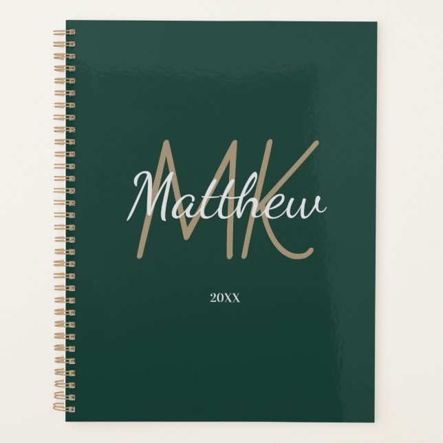 Custom Green Monogram Initial Name Minimalist Planner (Front)
